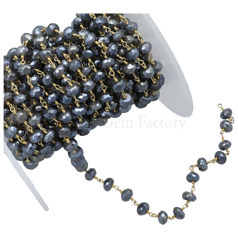 Mystic Gray Black Moonstone Faceted Rondelle Brass Gold Plated Wire Wrapped Chain Sold by Foot
