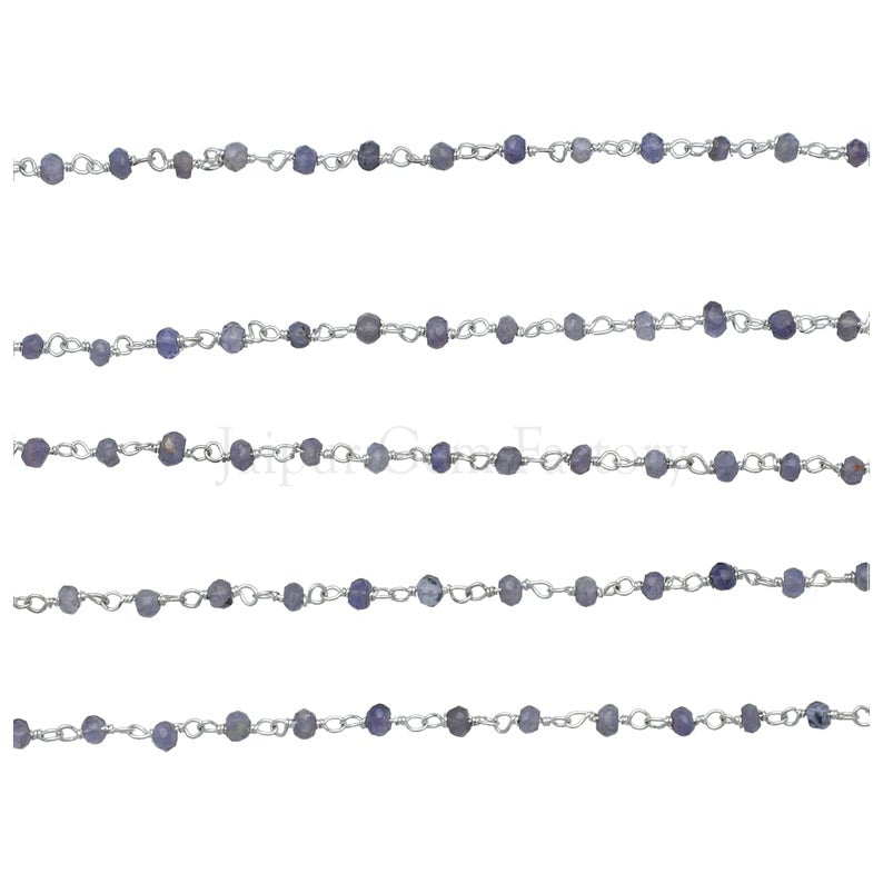 Iolite 3 To 4 MM Faceted Rondelle Brass Silver Plated Wire Wrapped Chain Sold by Foot