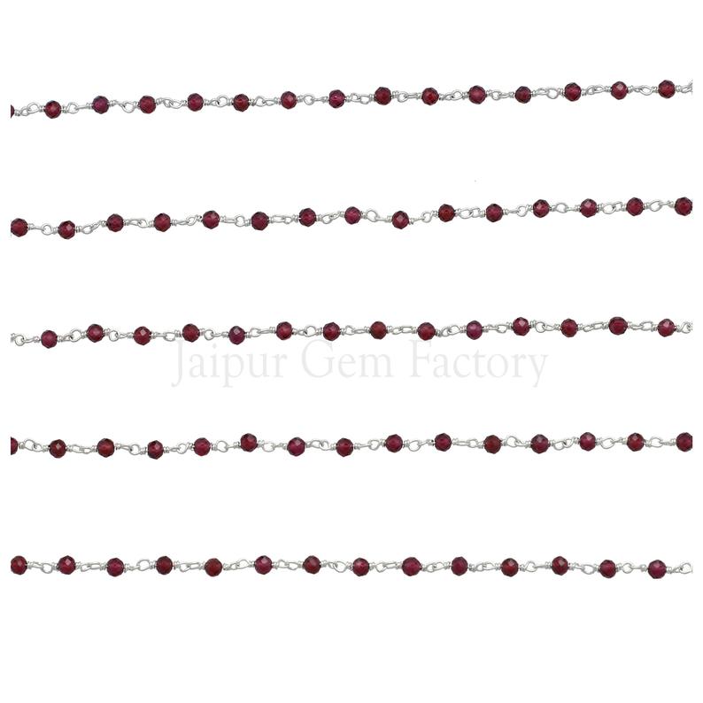 Red Garnet 2.5 MM Faceted Rondelle Brass Silver Plated Wire Wrapped Chain Sold by Foot