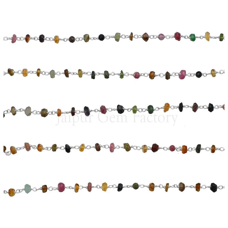 Multi Tourmaline 3 To 4 MM Faceted Rondelle Brass Silver Plated Wire Wrapped Chain Sold by Foot