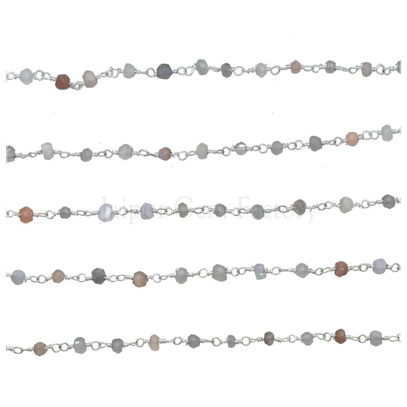Multi Color Moonstone 3 To 4 MM Faceted Rondelle Brass Silver Plated Wire Wrapped Chain Sold by Foot
