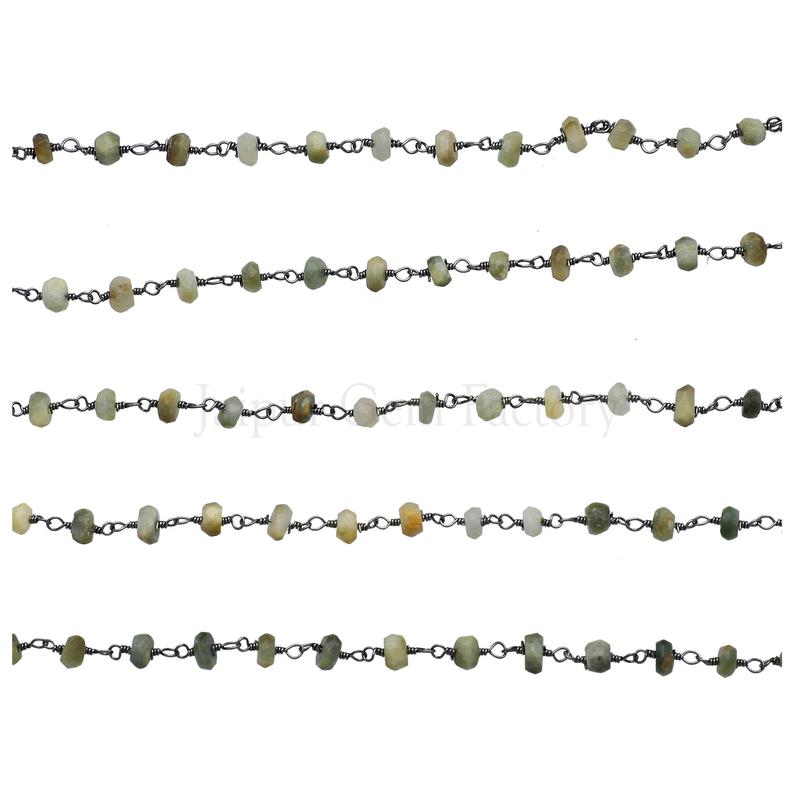 Green Cat's Eye 3.5 To  4 MM Faceted Rondelle Brass Black Oxidized Plated Wire Wrapped Chain Sold by Foot