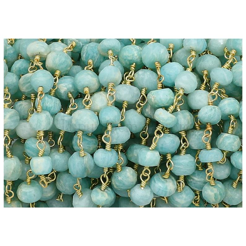 Amazonite 6 To 7 MM Faceted Rondelle Brass Gold Plated Wire Wrapped Chain Sold by Foot