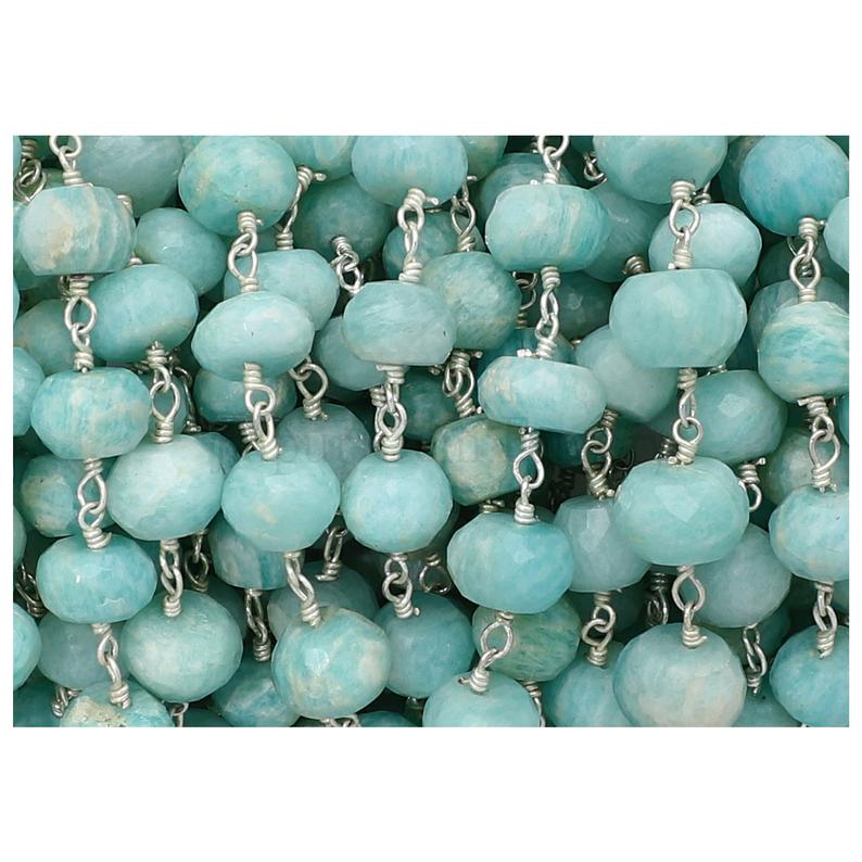 Amazonite 8 To 9 MM Faceted Rondelle Brass Silver Plated Wire Wrapped Chain Sold by Foot
