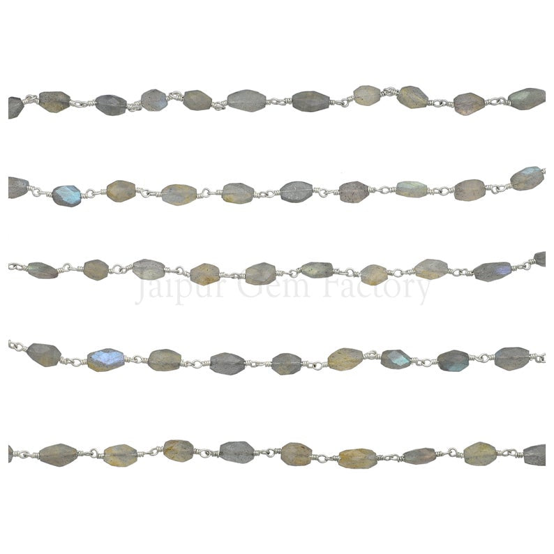 Labradorite 7X5 To 10X5 MM Faceted Oval Brass Silver Plated Wire Wrapped Chain Sold by Foot