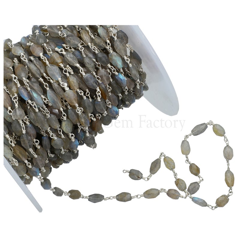 Labradorite 7X5 To 10X5 MM Faceted Oval Brass Silver Plated Wire Wrapped Chain Sold by Foot