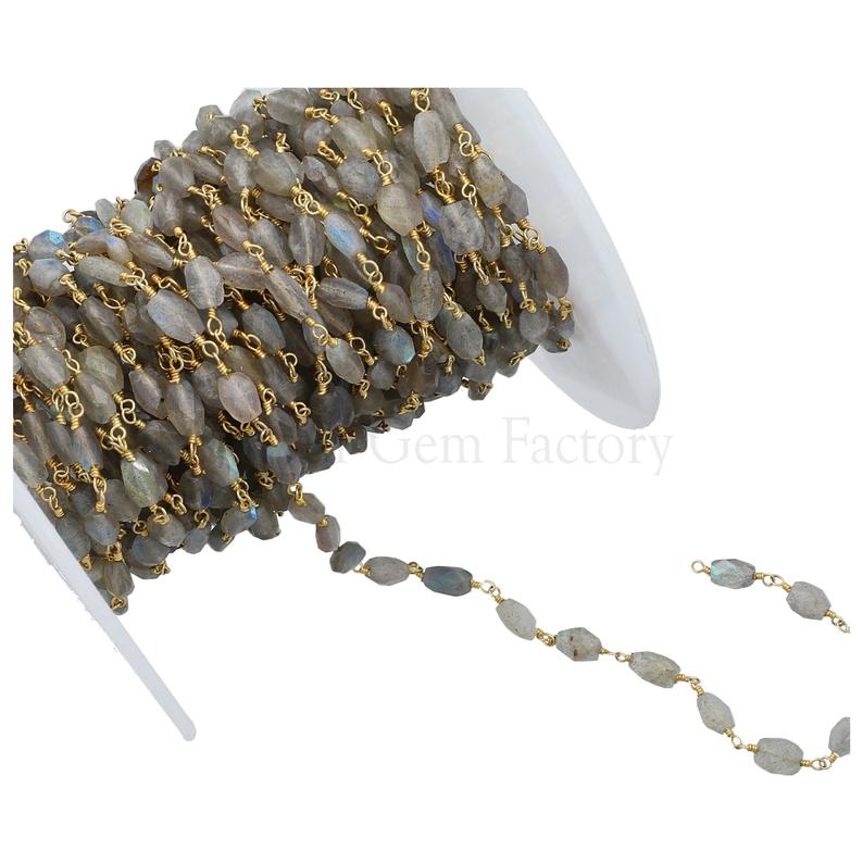 Labradorite 6X4 To 7X5 MM Faceted Oval Brass Gold Plated Wire Wrapped Chain Sold by Foot