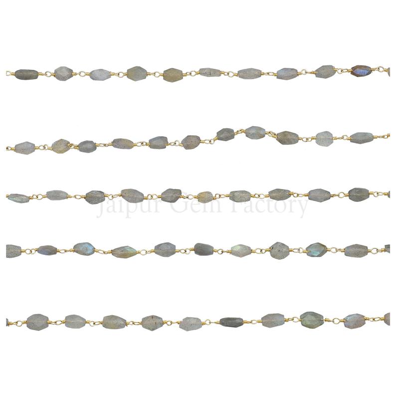 Labradorite 6X4 To 7X5 MM Faceted Oval Brass Gold Plated Wire Wrapped Chain Sold by Foot
