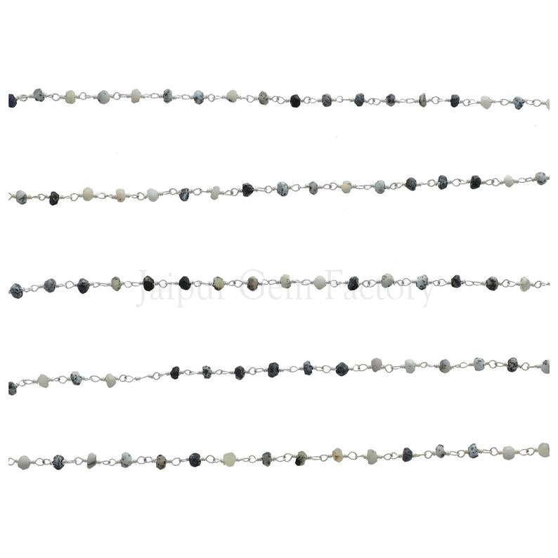 Dendritic Opal 3 MM Faceted Rondelle Brass Silver Plated Wire Wrapped Chain Sold by Foot