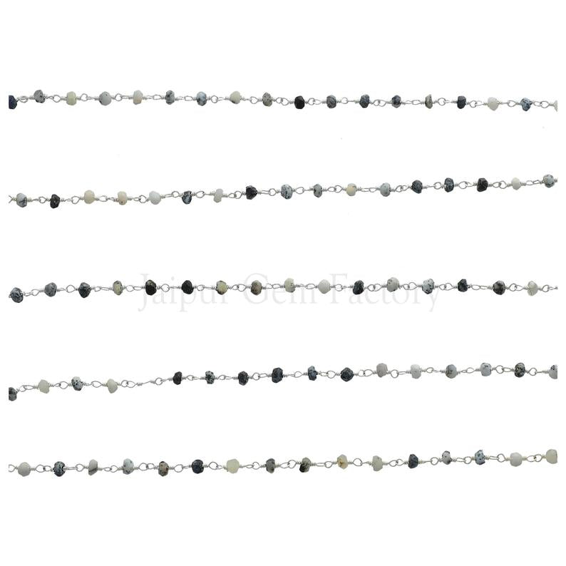 Dendritic Opal Faceted Rondelle Brass Silver Plated Wire Wrapped Chain Sold by Foot