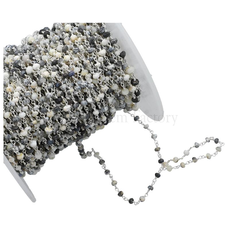 Dendritic Opal Faceted Rondelle Brass Silver Plated Wire Wrapped Chain Sold by Foot