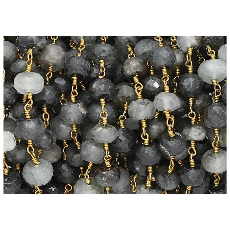 Tourmaline Quartz Faceted Rondelle Brass Gold Plated Wire Wrapped Chain Sold by Foot