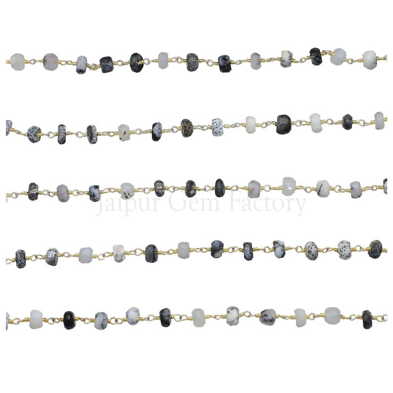Dendritic Opal 6 MM Faceted Rondelle Brass Gold Plated Wire Wrapped Chain Sold by Foot