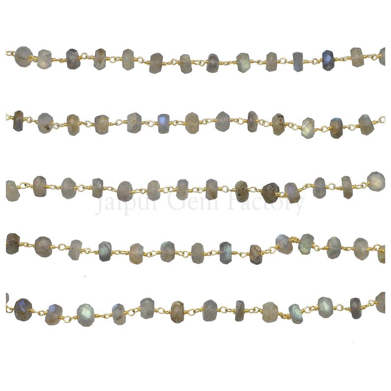 Labradorite 6 To 7 MM Faceted Rondelle Brass Gold Plated Wire Wrapped Chain Sold by Foot