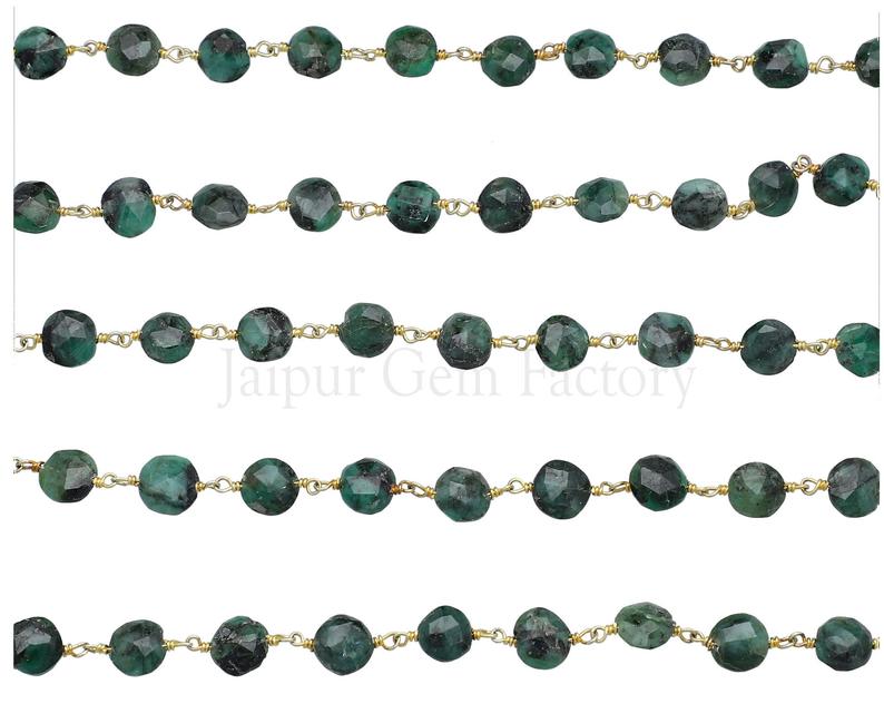 Raw Emerald 8 To 9 MM Faceted Coin Brass Gold Plated Wire Wrapped Chain Sold by Foot