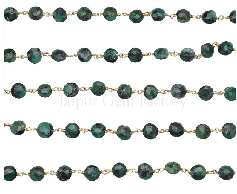 Raw Emerald Faceted Coin Brass Gold Plated Wire Wrapped Chain Sold by Foot