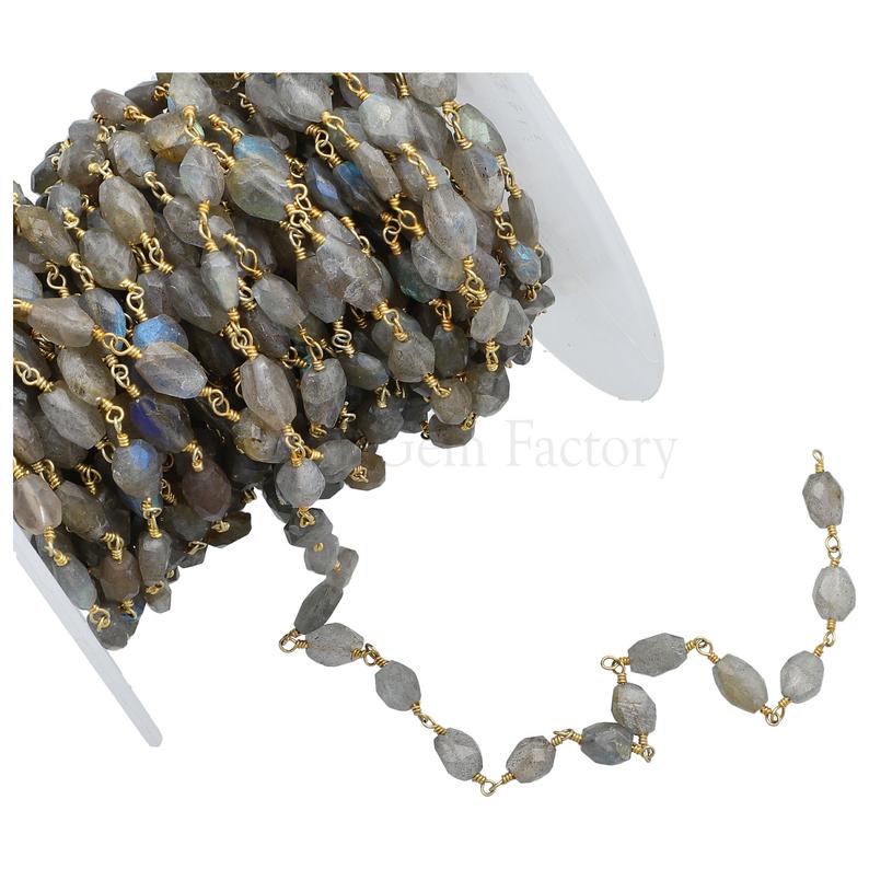 Labradorite 7X5 To 8X6 MM Faceted Oval Brass Gold Plated Wire Wrapped Chain Sold by Foot