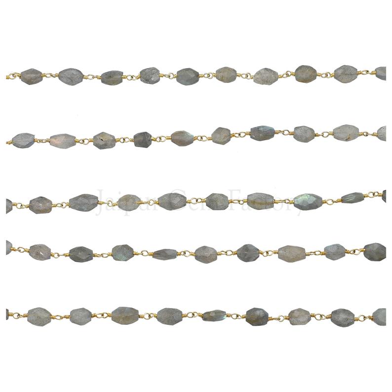 Labradorite 7X5 To 8X6 MM Faceted Oval Brass Gold Plated Wire Wrapped Chain Sold by Foot