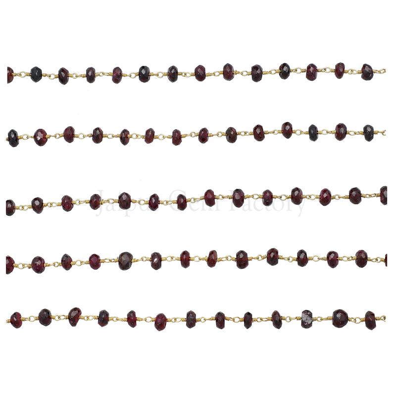 Garnet 7 MM Faceted Rondelle Brass Gold Plated Wire Wrapped Chain Sold by Foot