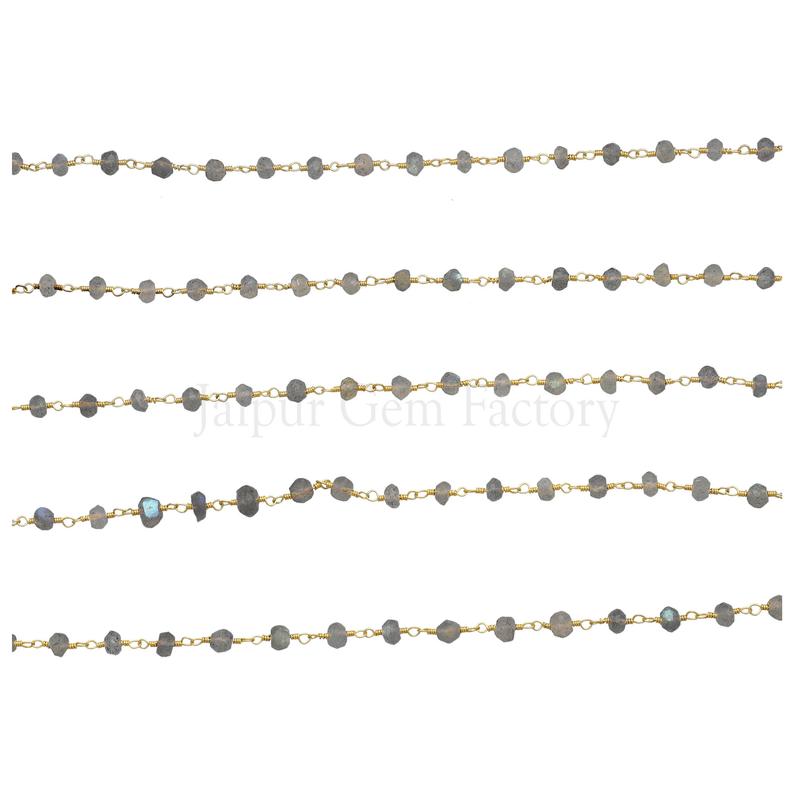 Labradorite 4 MM Faceted Rondelle Brass Gold Plated Wire Wrapped Chain Sold by Foot