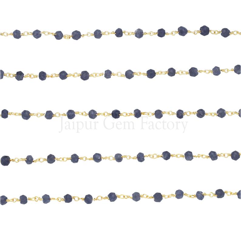 Blue Quartz Beaded 3.5 To 4 MM Faceted Rondelle Brass Gold Plated Wire Wrapped Chain Sold by Foot
