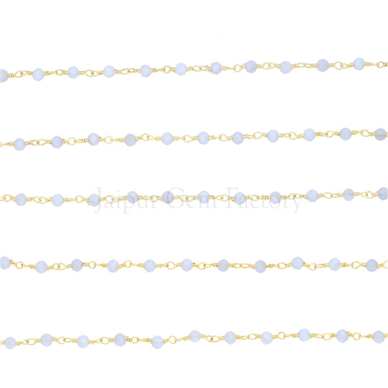 Blue Lace Agate 3 MM Faceted Rondelle Brass Gold Plated Wire Wrapped Chain Sold by Foot