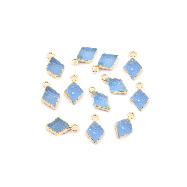 Blue Druzy 8X7 MM Diamond Shape Gold Electroplated Pendant (Set Of 2 Pcs)