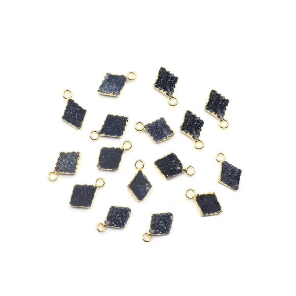 Black Druzy 8X7 MM Diamond Shape Gold Electroplated Pendant (Set Of 2 Pcs)