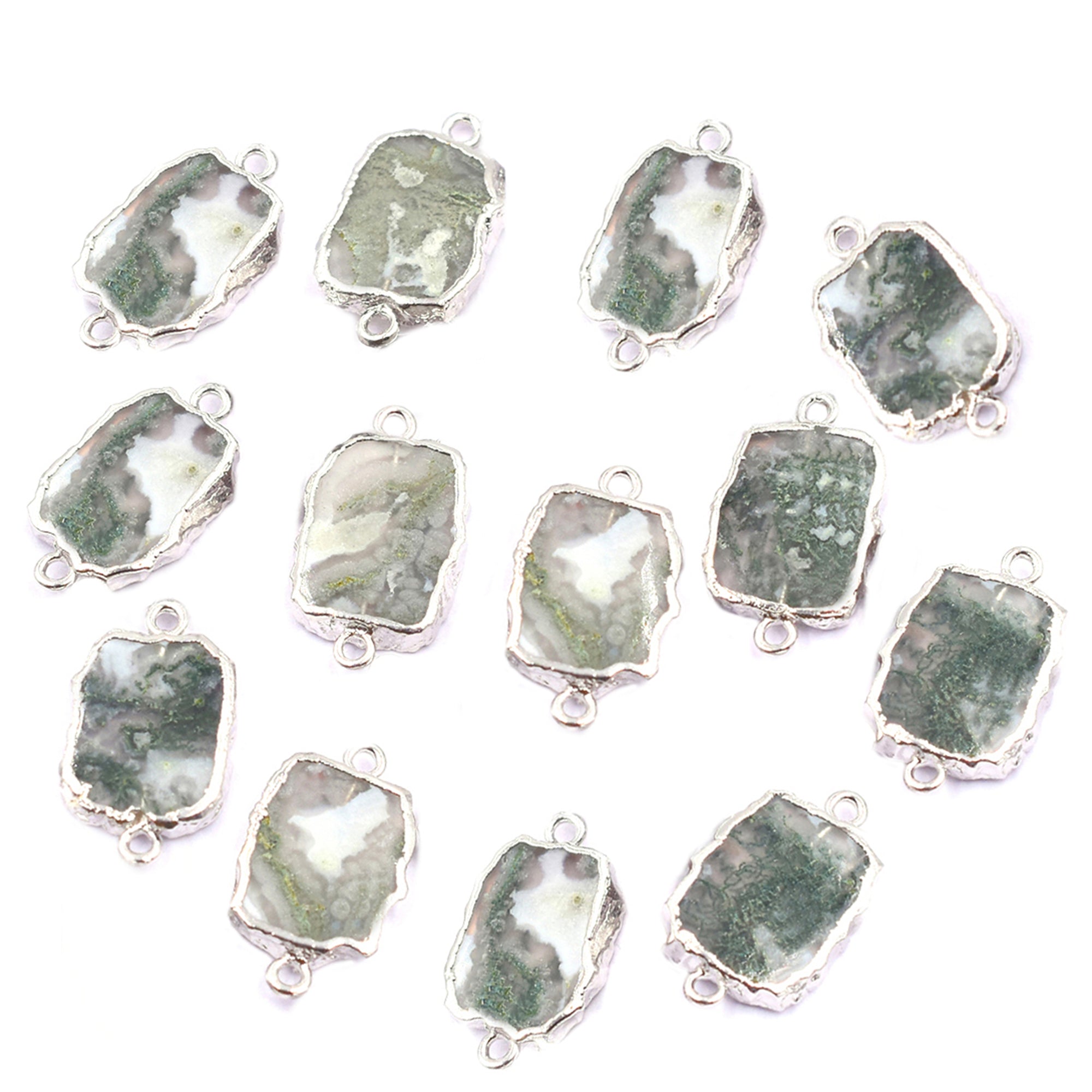 Moss Agate 12X10 MM Rectangle Shape Rhodium Electroplated Connector