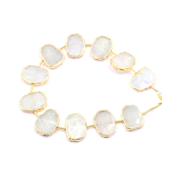 Rainbow Moonstone 16X12 MM Uneven Shape Coin Drilled Gold Electroplated Strand