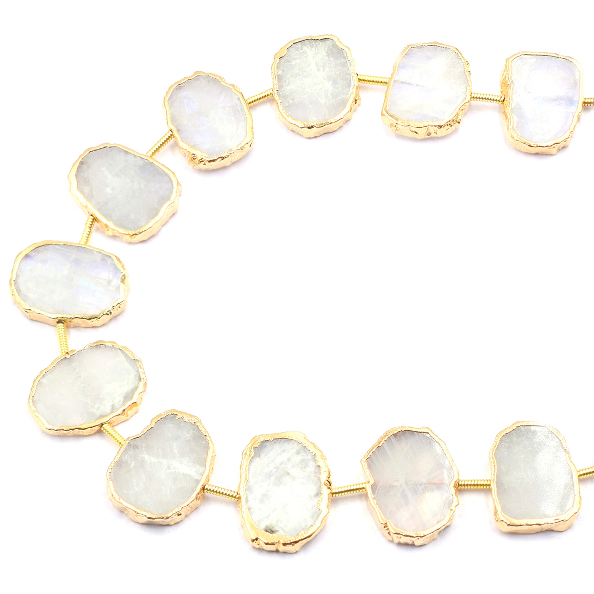 Rainbow Moonstone 16X12 MM Uneven Shape Coin Drilled Gold Electroplated Strand
