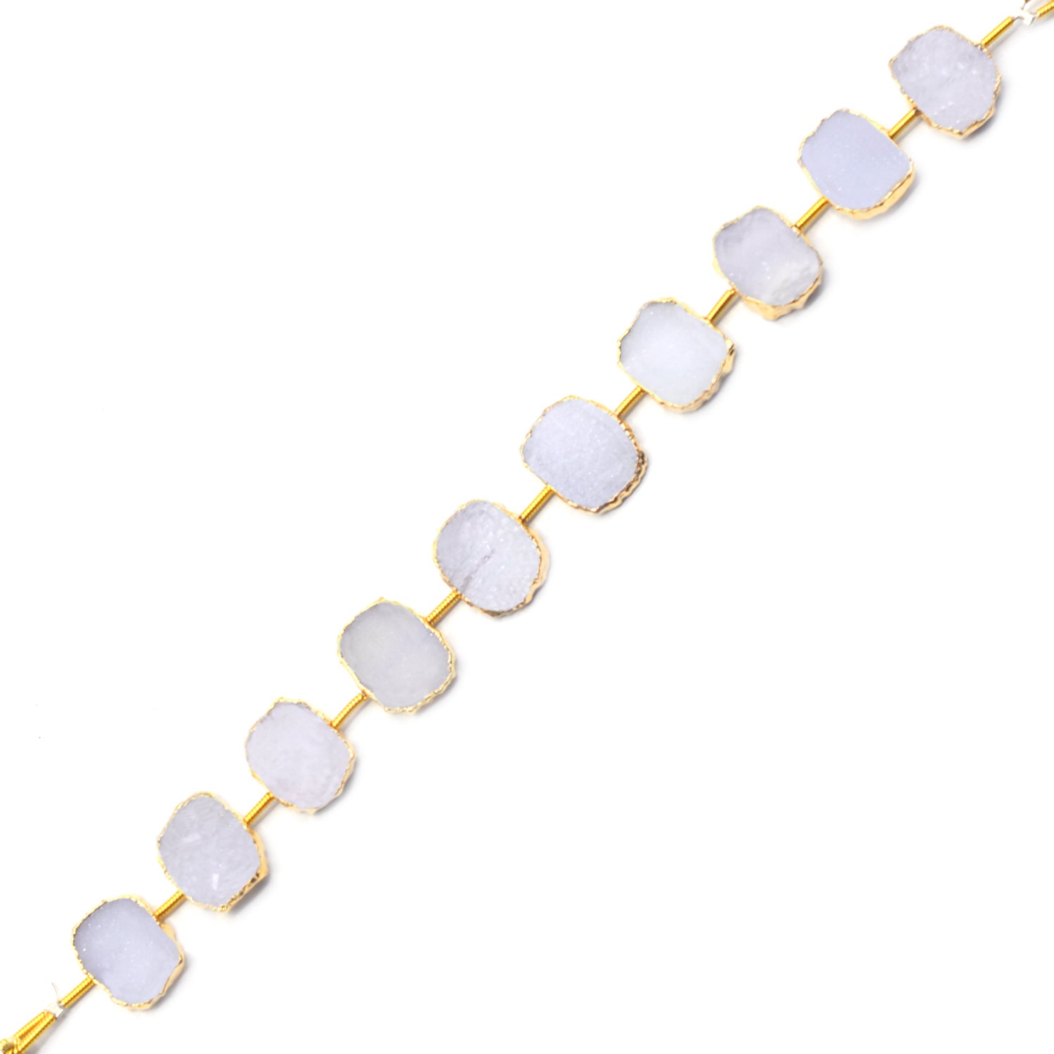 White Druzy 13X10 MM Rectangle Shape Coin Drilled Gold Electroplated Strand
