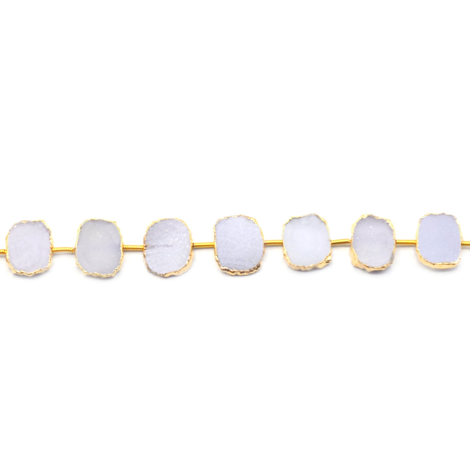 White Druzy 13X10 MM Rectangle Shape Coin Drilled Gold Electroplated Strand