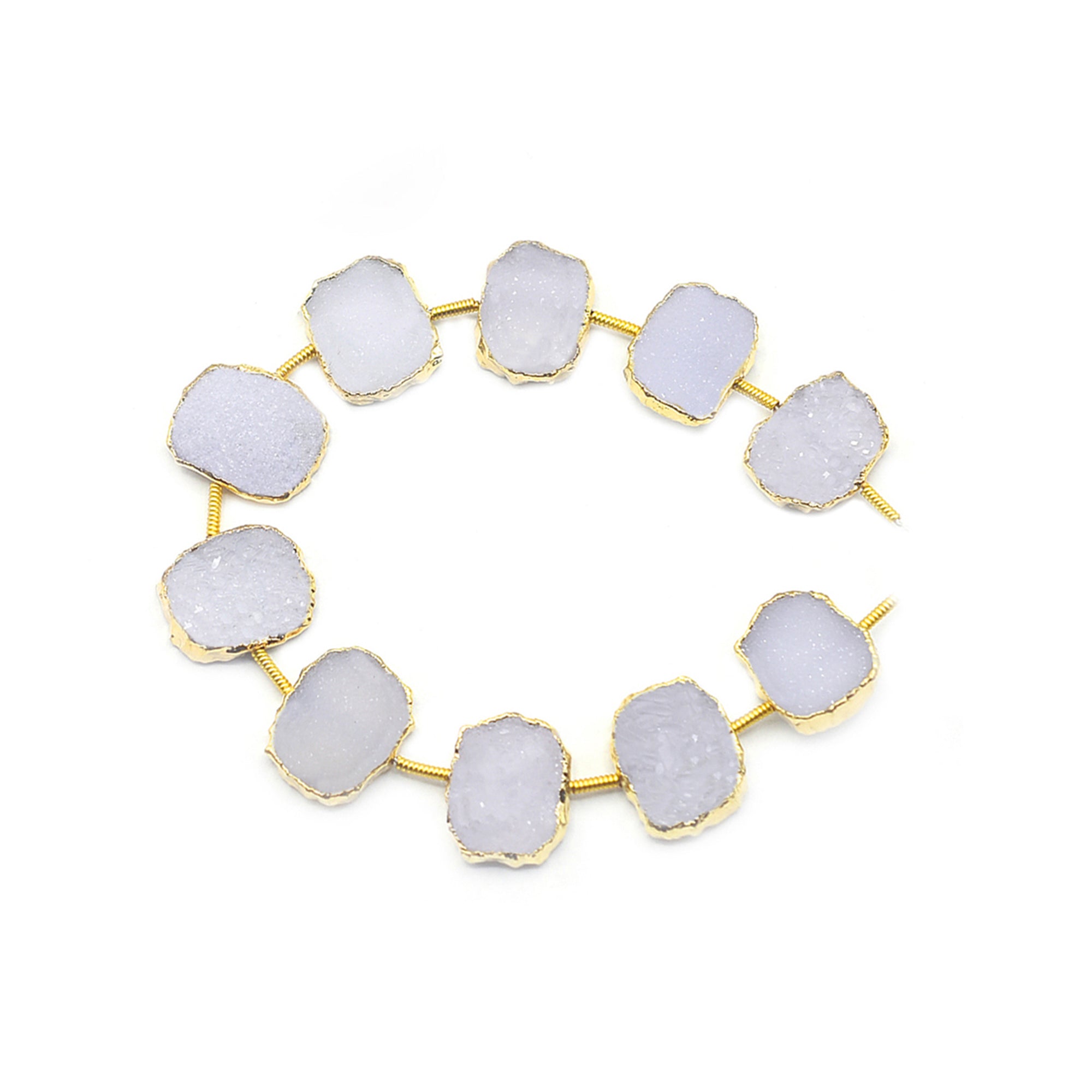 White Druzy 13X10 MM Rectangle Shape Coin Drilled Gold Electroplated Strand
