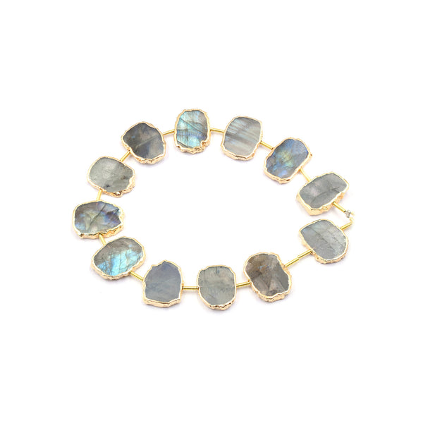 Labradorite 16X12 MM Uneven Shape Coin Drilled Gold Electroplated Strand