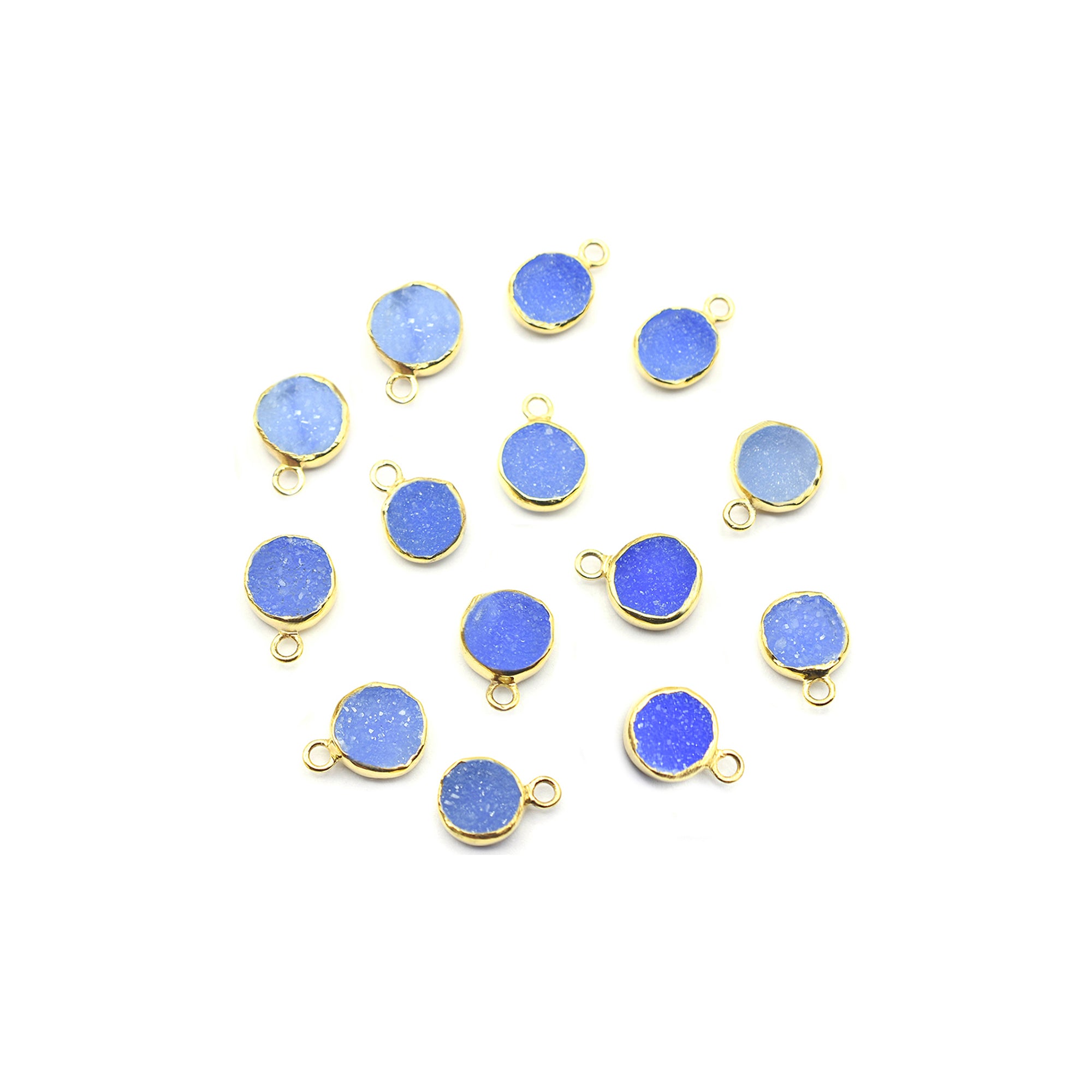 Blue Druzy 8 MM Round Shape Silver Bezel Vermeil Pendant (Set Of 2 Pcs)