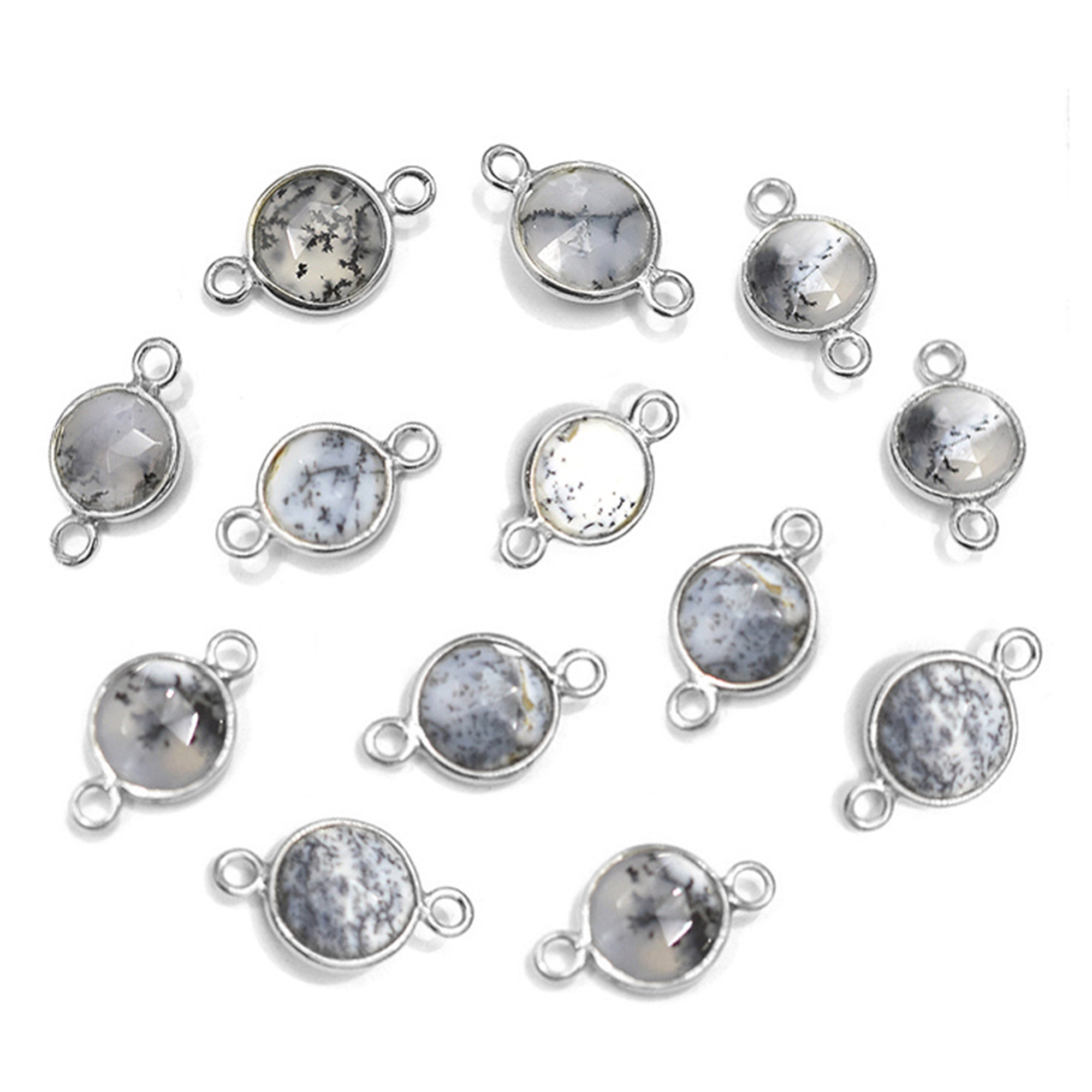Dendritic Opal 8 MM Round Shape Silver Bezel Rhodium Plated Connector (Set Of 2 Pcs)