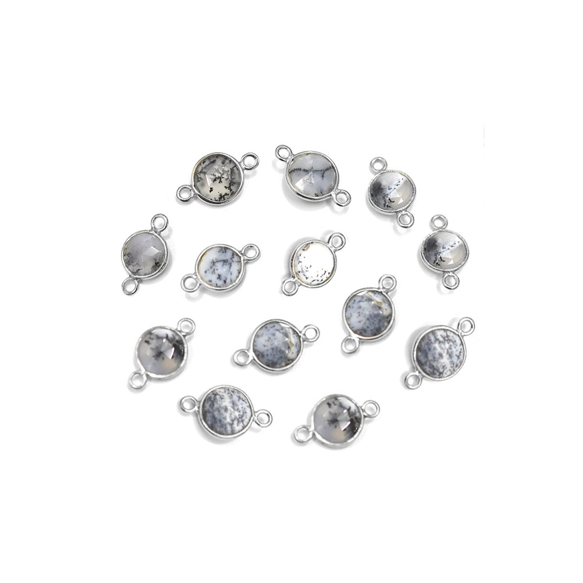Dendritic Opal 8 MM Round Shape Silver Bezel Rhodium Plated Connector (Set Of 2 Pcs)