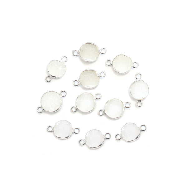 White Druzy 8 MM Round Shape Silver Bezel Rhodium Plated Connector (Set Of 2 Pcs) - Jaipur Gem Factory