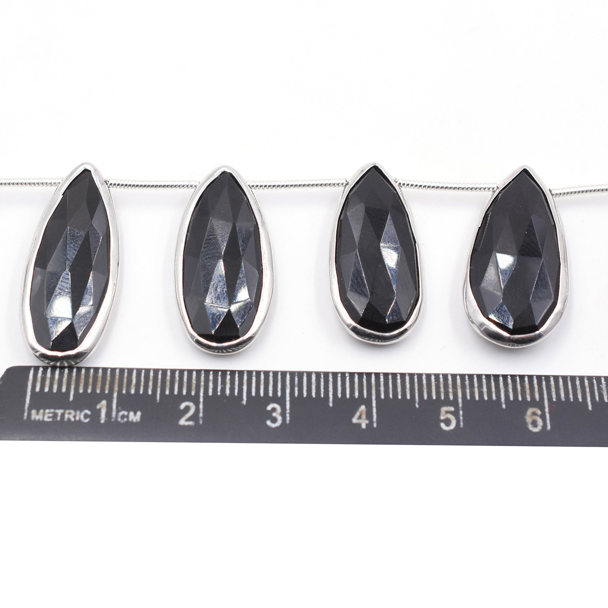 Black Onyx 26X12 MM Pear Shape Silver Bezel Rhodium Plated Side Drilled Strand