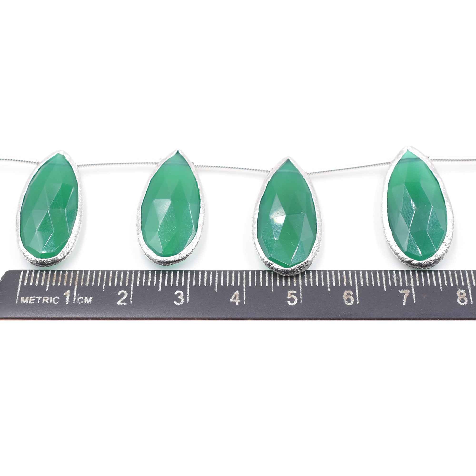 Green Onyx 24X12 MM Pear Shape Silver Bezel Rhodium Plated Side Drilled Strand