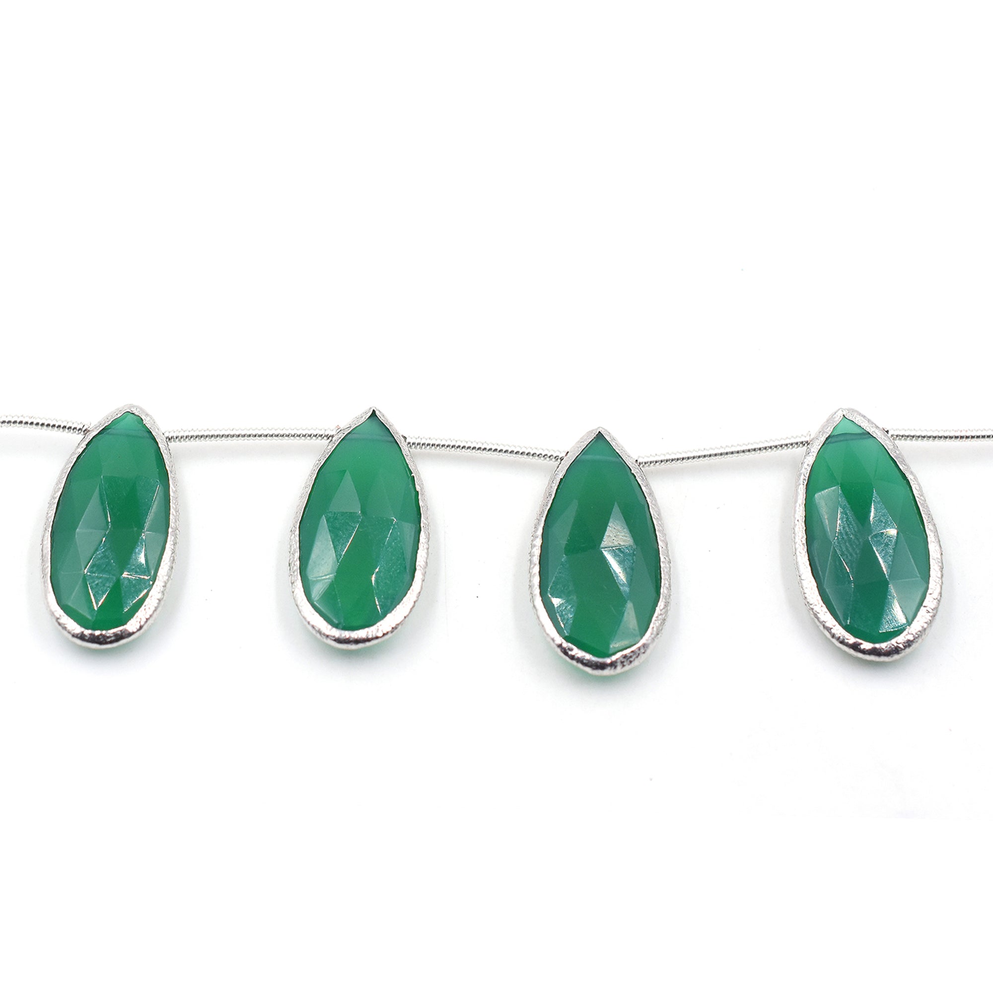 Green Onyx 24X12 MM Pear Shape Silver Bezel Rhodium Plated Side Drilled Strand