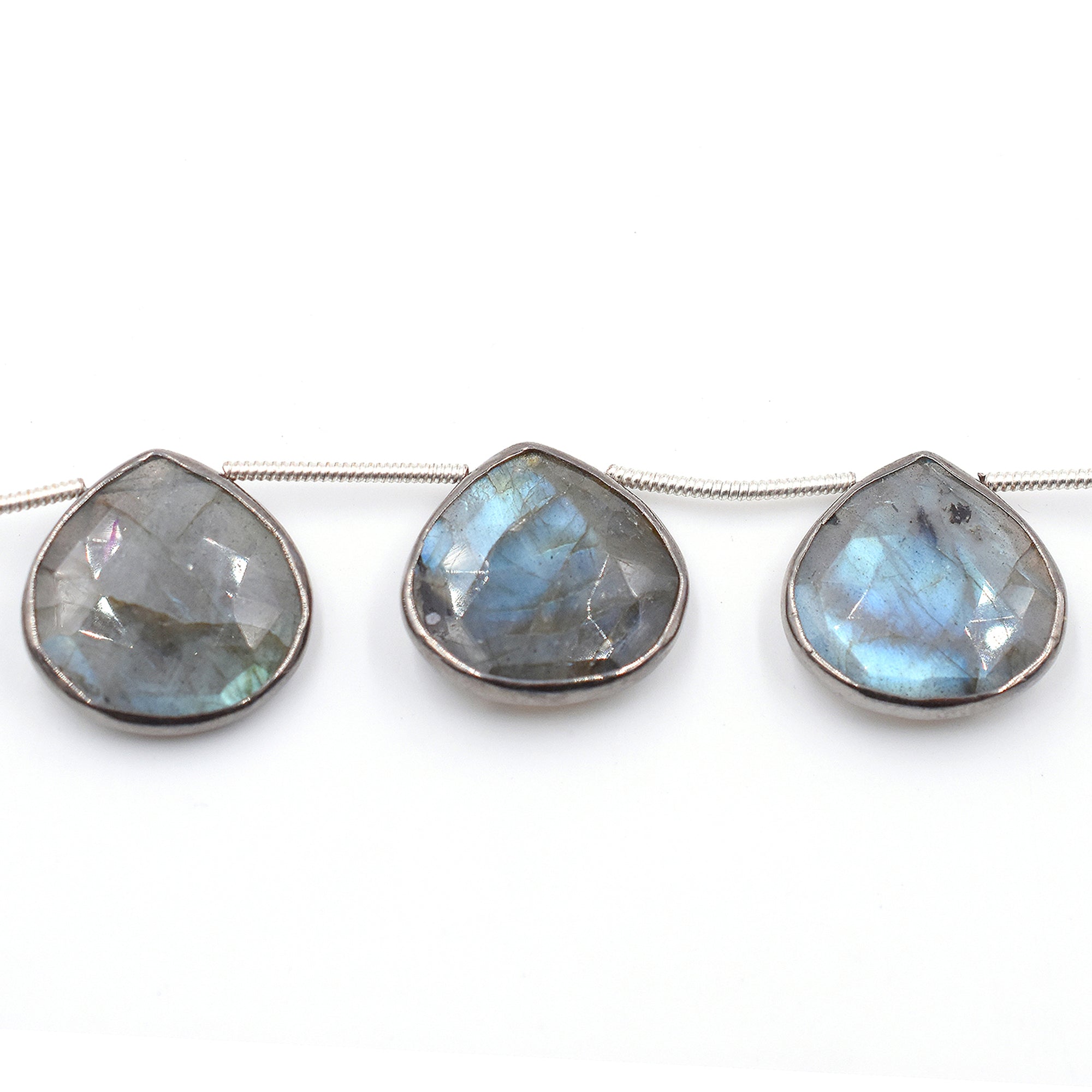 Labradorite 16X16 MM Heart Shape Silver Bezel Black Rhodium Plated Side Drilled Strand