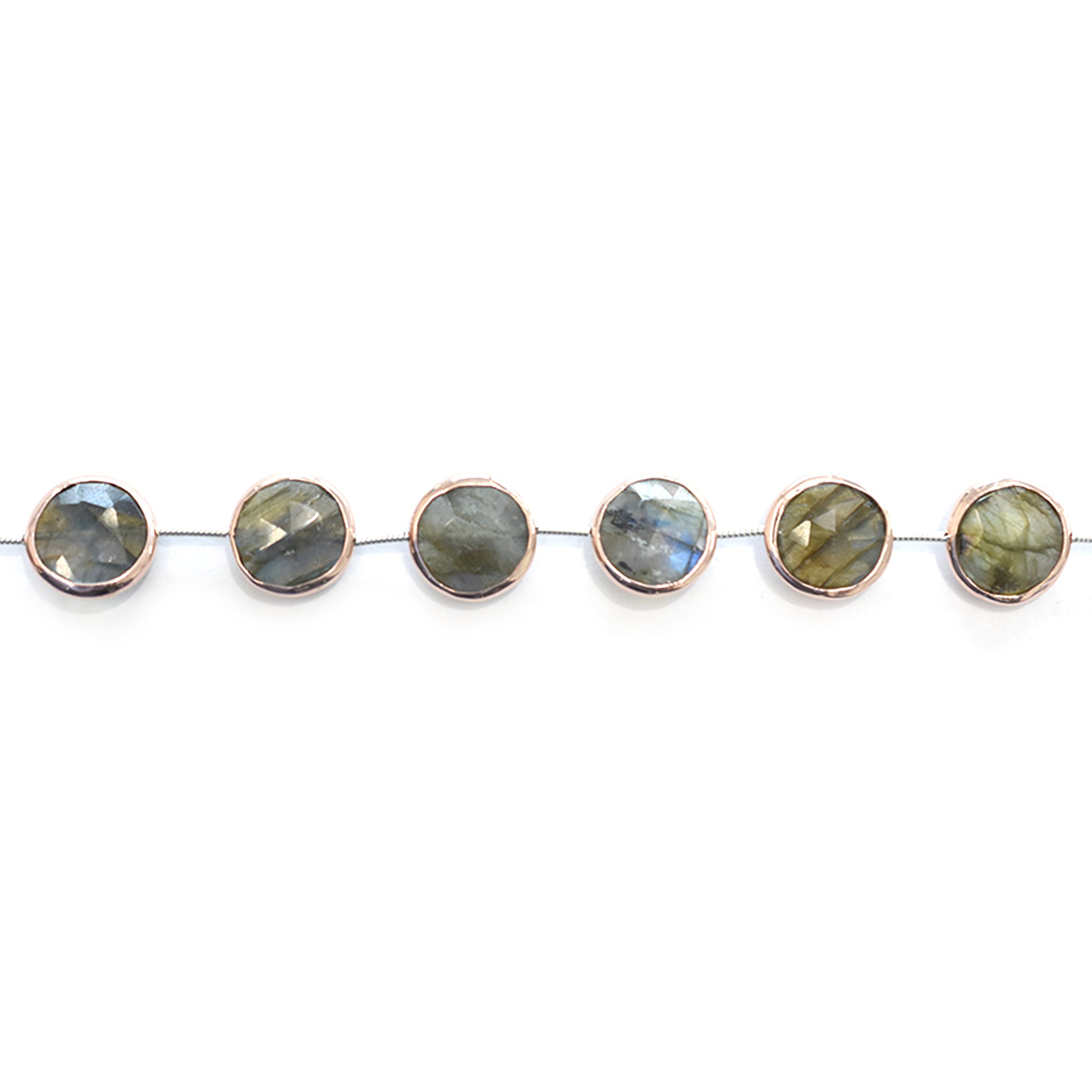 Labradorite 14 MM Round Shape Silver Bezel Rose Vermeil Center Drilled Strand