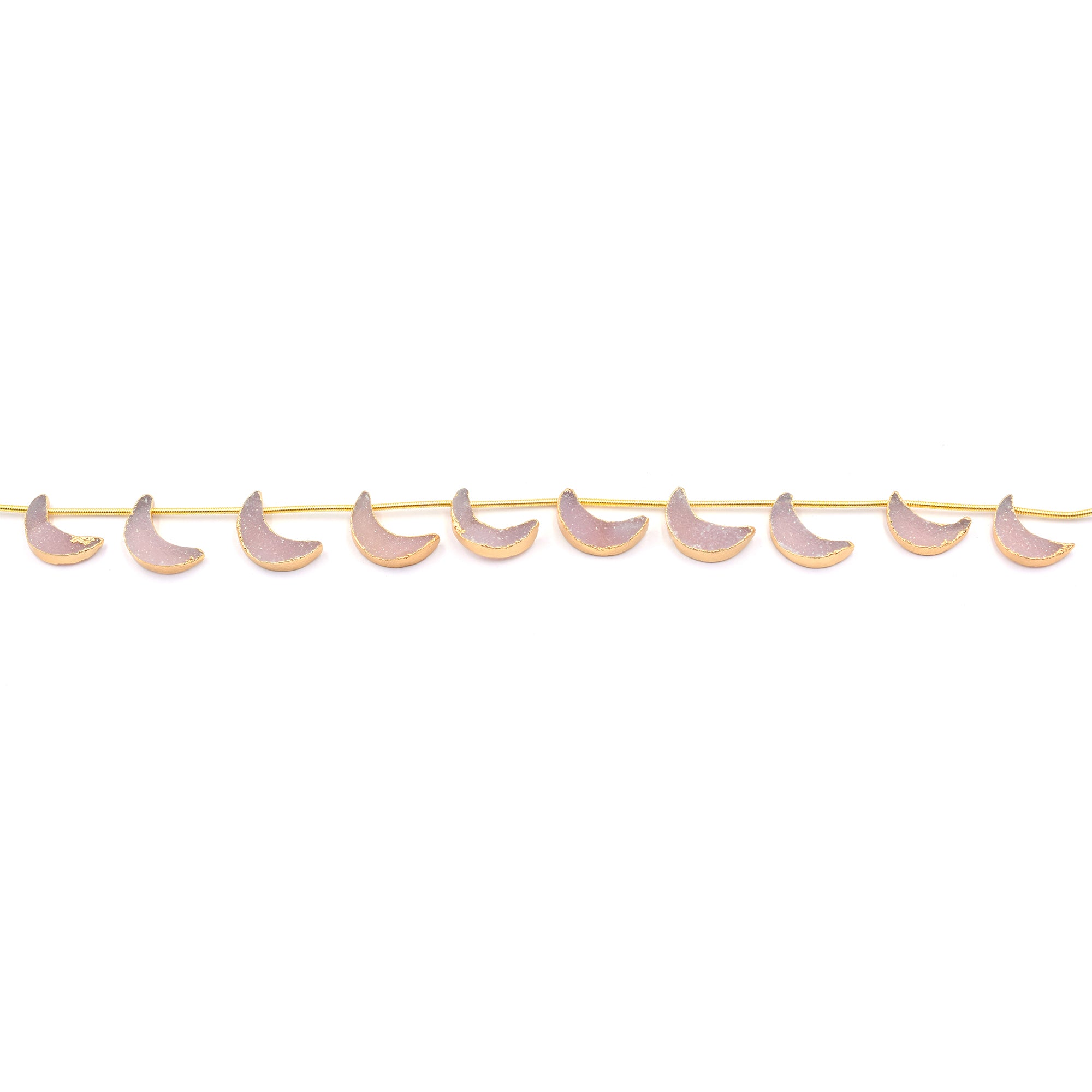 Pink Druzy Moon Shape 16x9 MM Side Drilled Gold Electroplated Strand