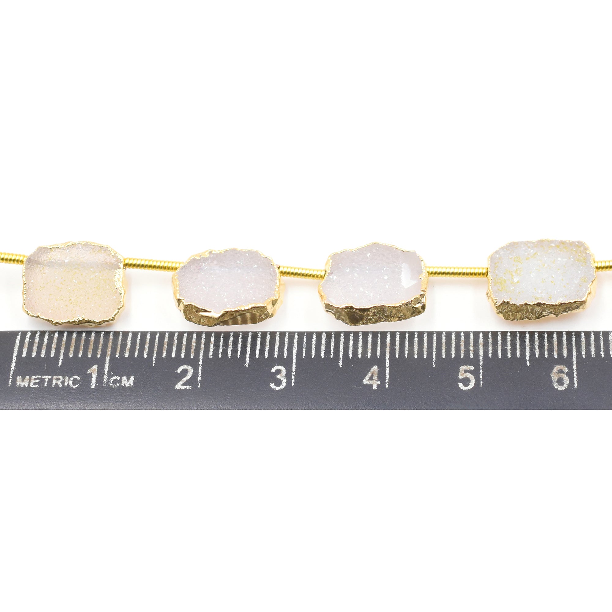 White Druzy 12X9 MM Rectangle Shape Side Drilled Gold Electroplated Strand