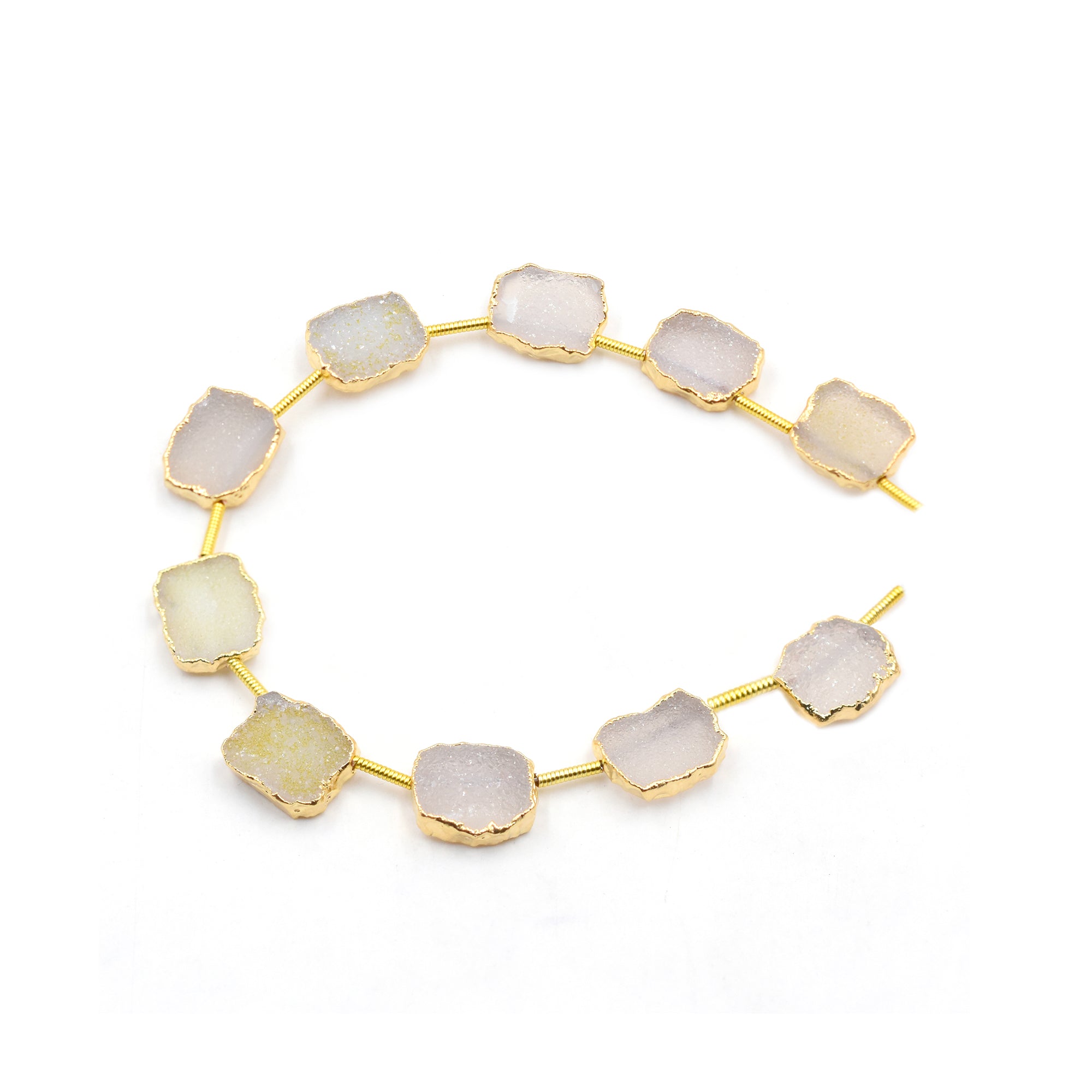 White Druzy 12X9 MM Rectangle Shape Side Drilled Gold Electroplated Strand
