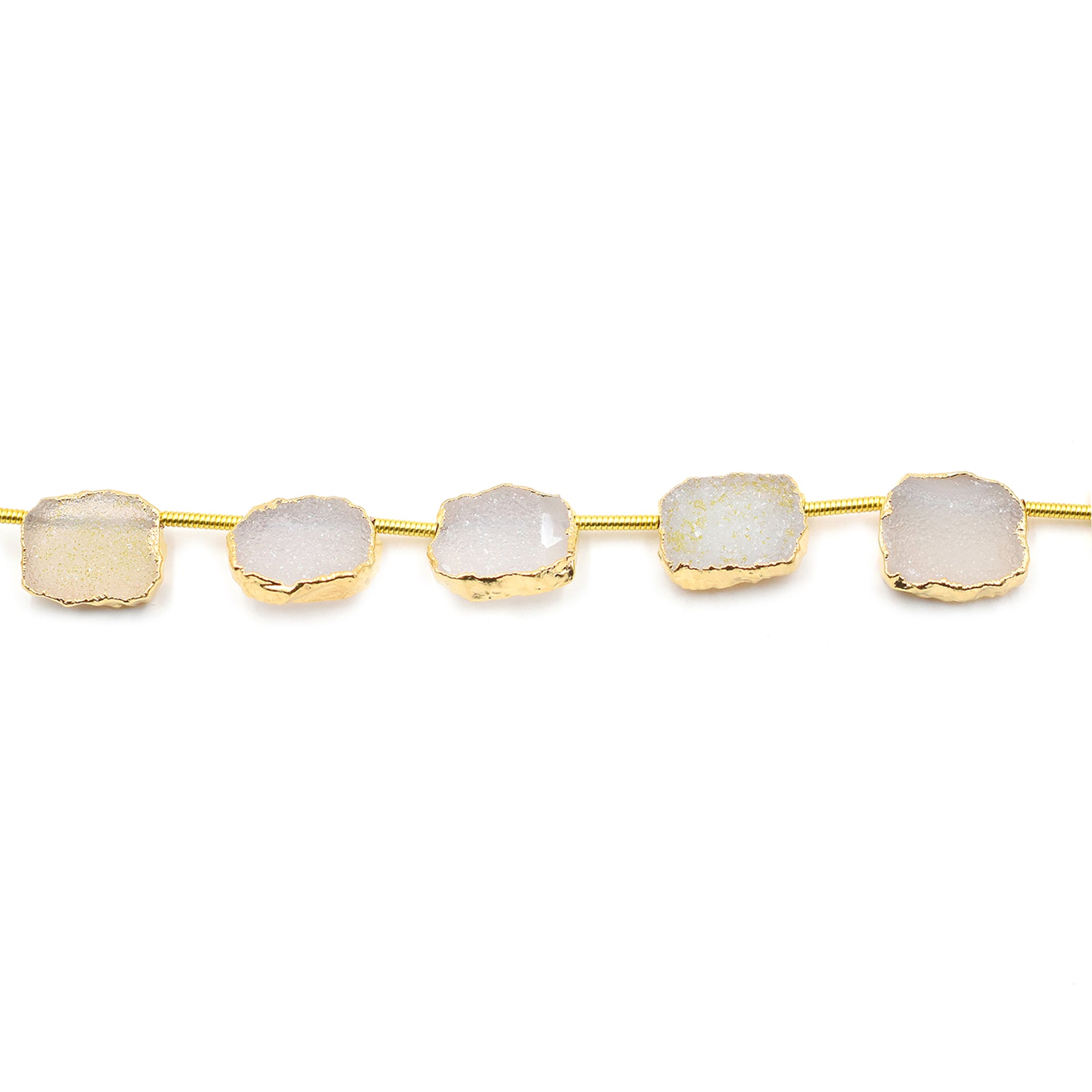 White Druzy 12X9 MM Rectangle Shape Side Drilled Gold Electroplated Strand