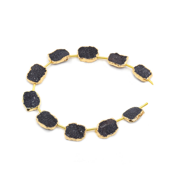 Black Druzy 12X9 MM Rectangle Shape Side Drilled Gold Electroplated Strand