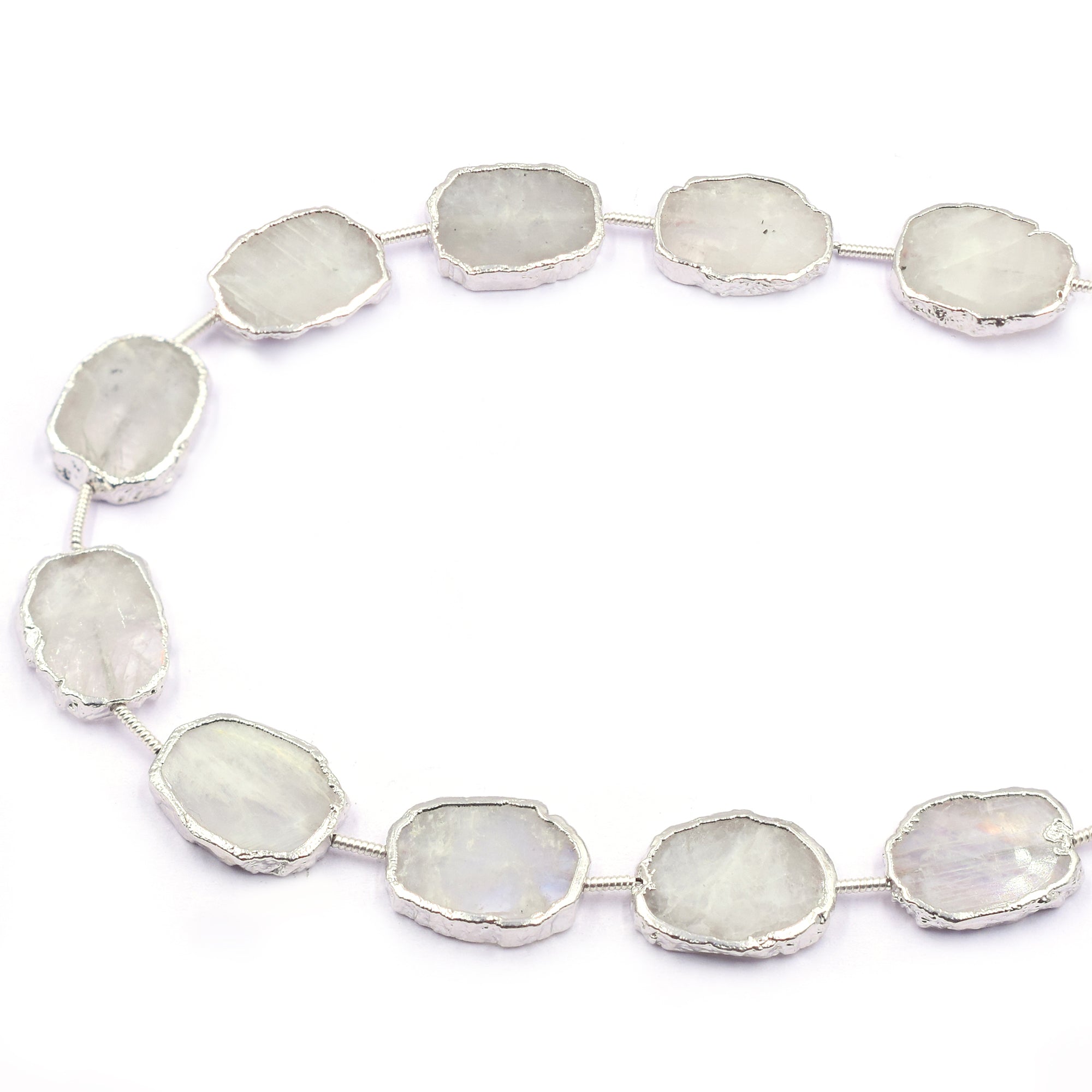 Rainbow Moonstone 15X12 MM Uneven Shape Straight Drilled Rhodium Electroplated Strand